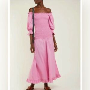 RHODE Resort Pink Eva Off The Shoulder Smocked Cotton Maxi Dress medium